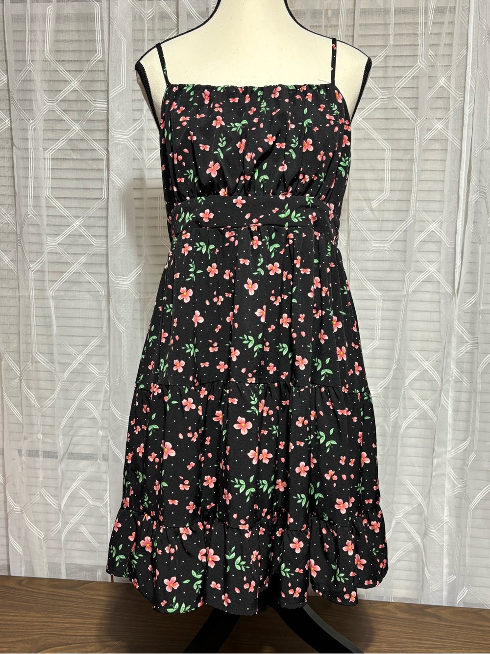 SHEIN L Floral Tiered Sundress - Black with Pink Flowers adj straps 17p2p 33L
